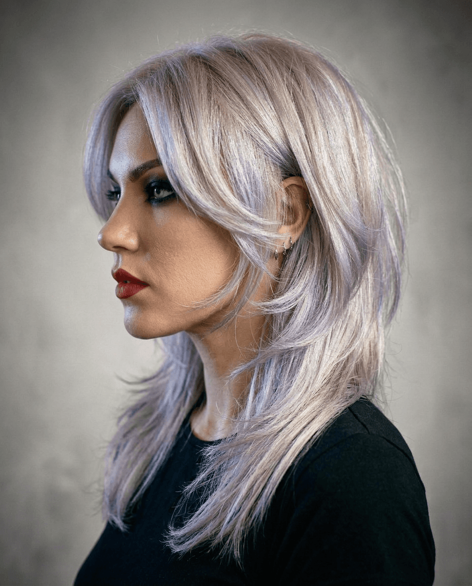 Long layers, silver. Shoulder length with heavy layers, lifted to the very top of the chart.