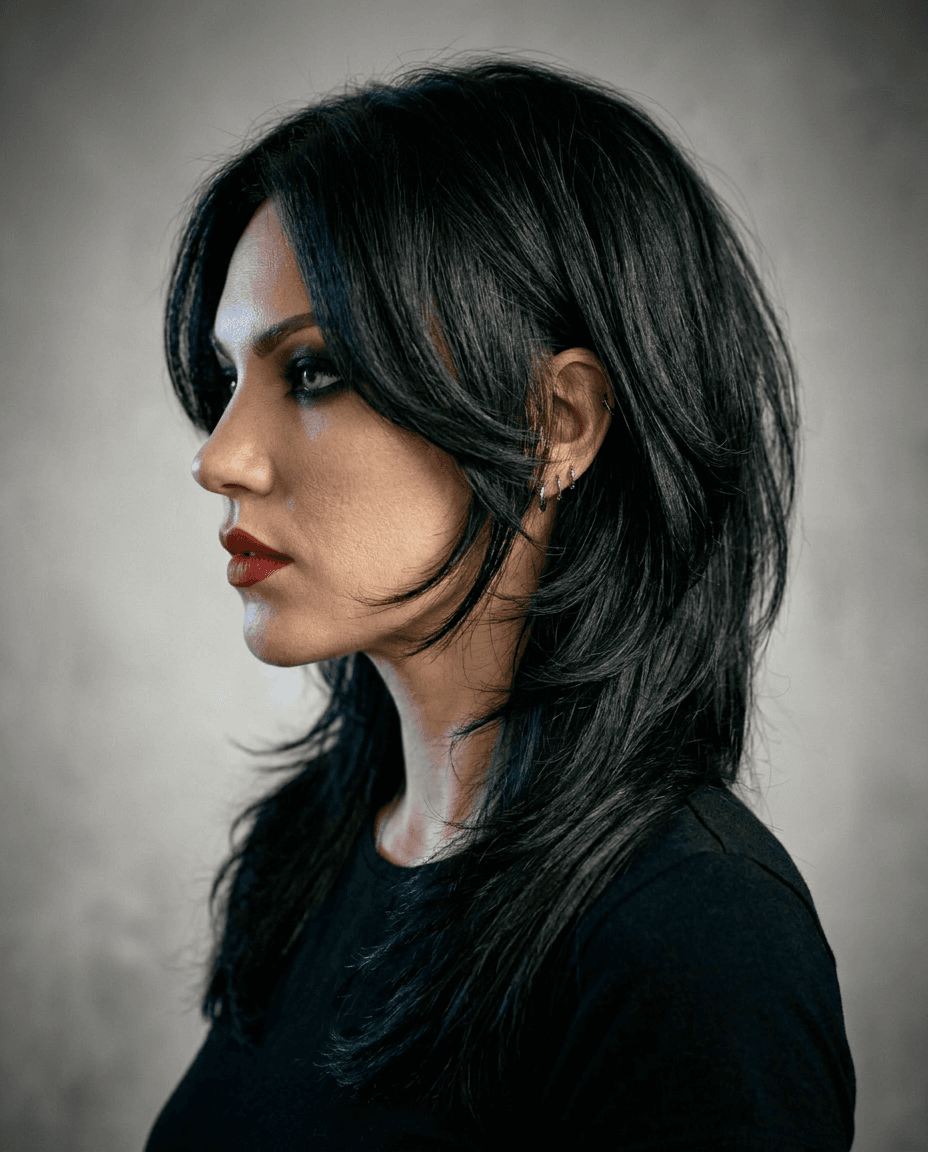 The same long layered cut, worn black